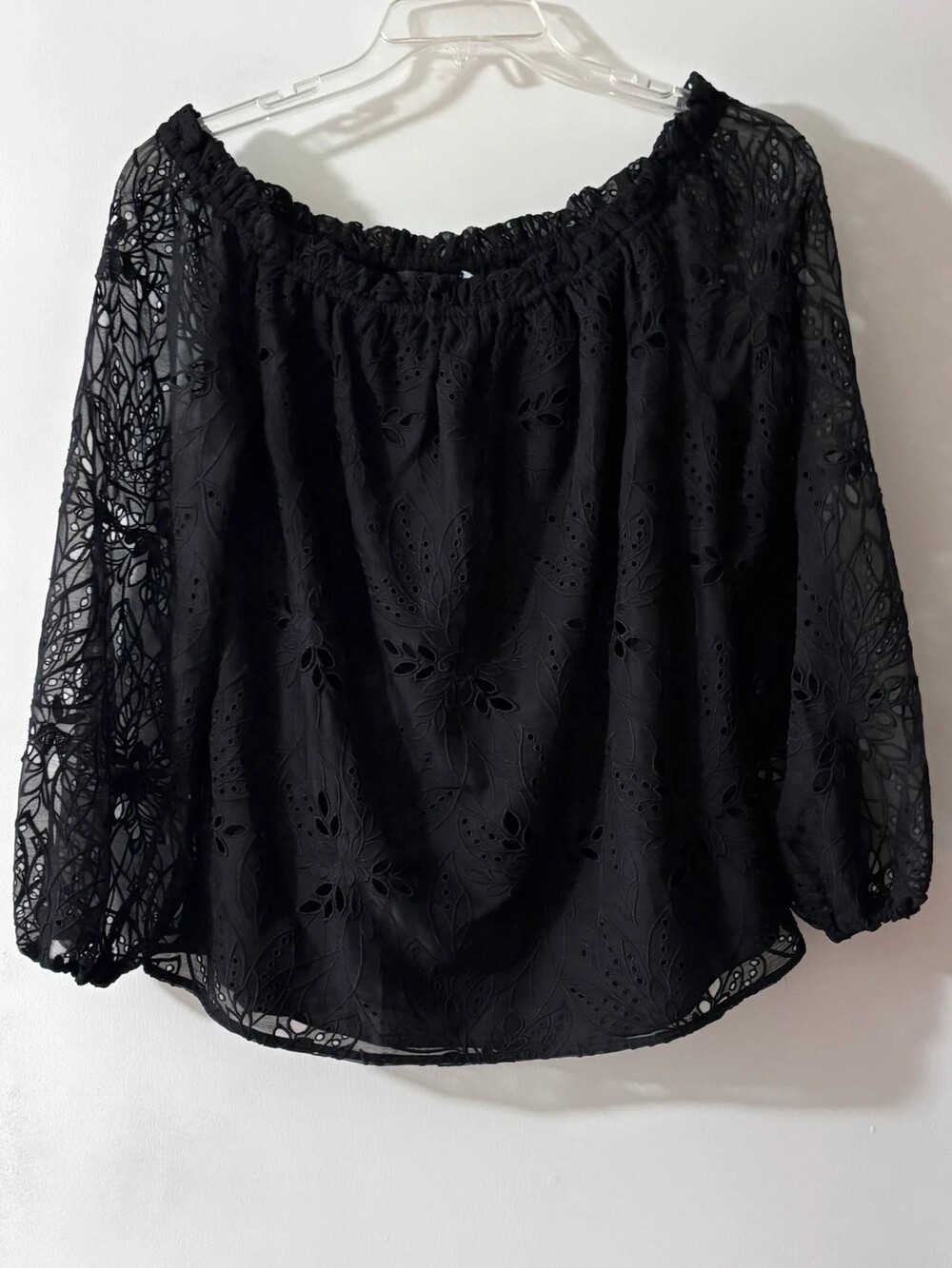 White House Black Market Black Floral Eyelet Off-the-Shoulder Blouse - L